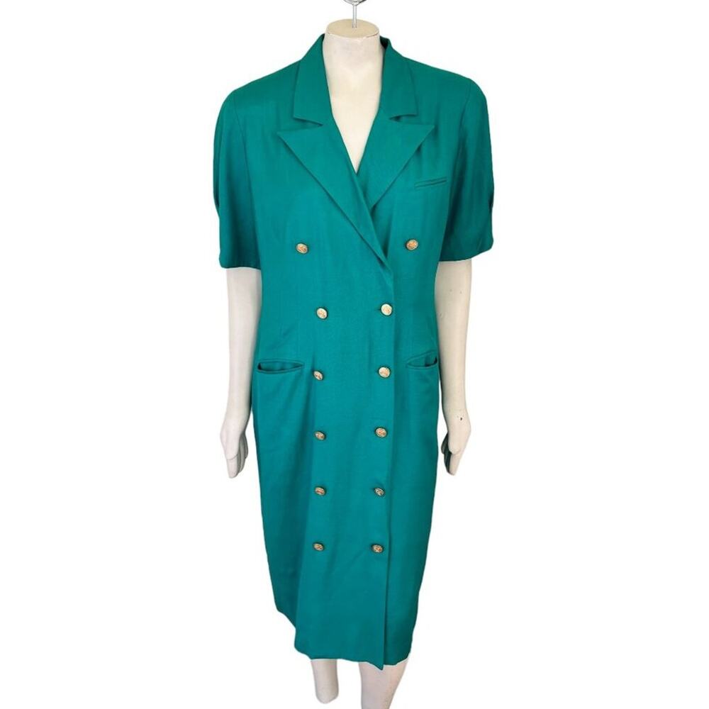VTG LAUREN ALEXANDRA Double Breasted Gold Button Blazer Dress in Green  SZ 14